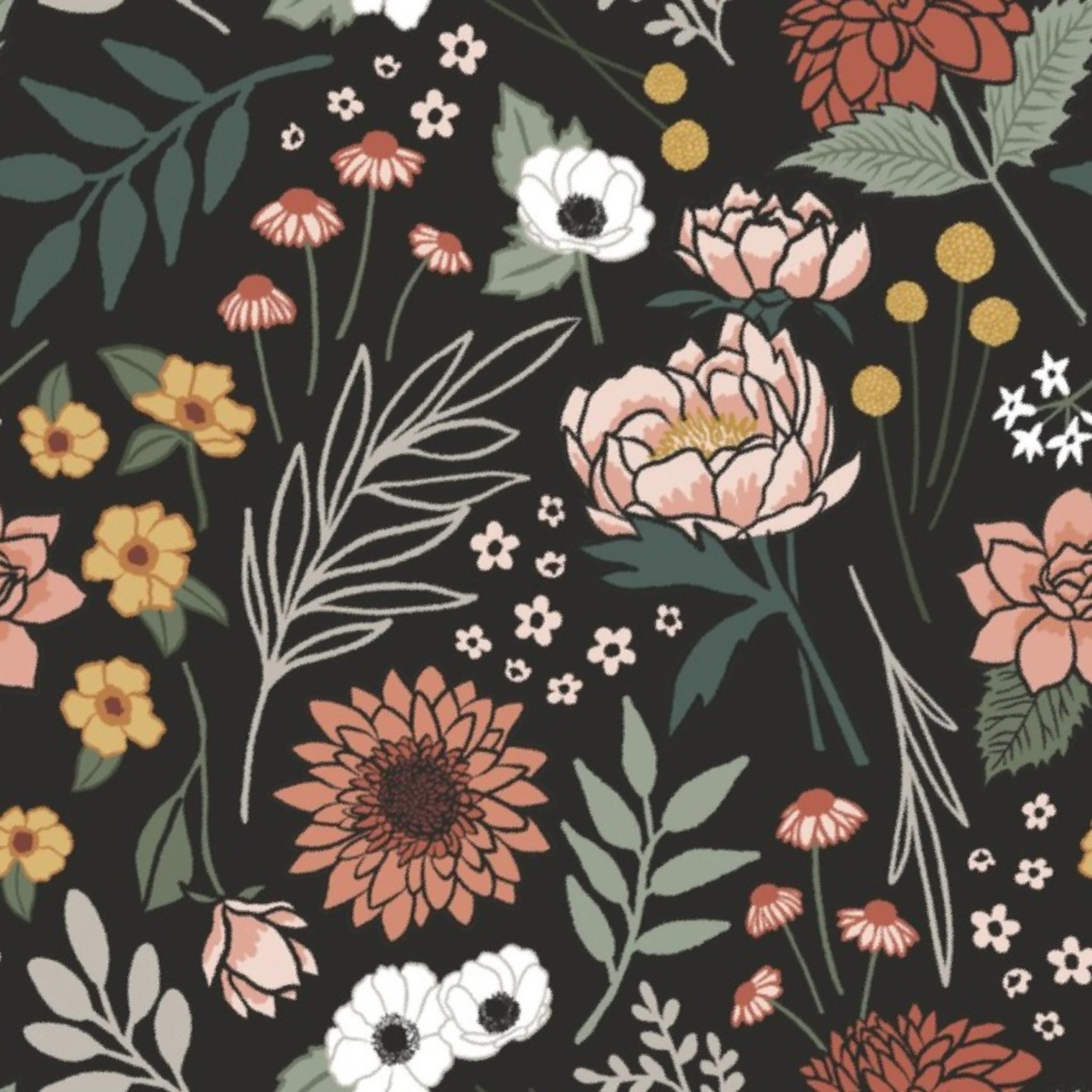 Maya Boho Floral - Black, Large Scale Wallpaper by devondesignco