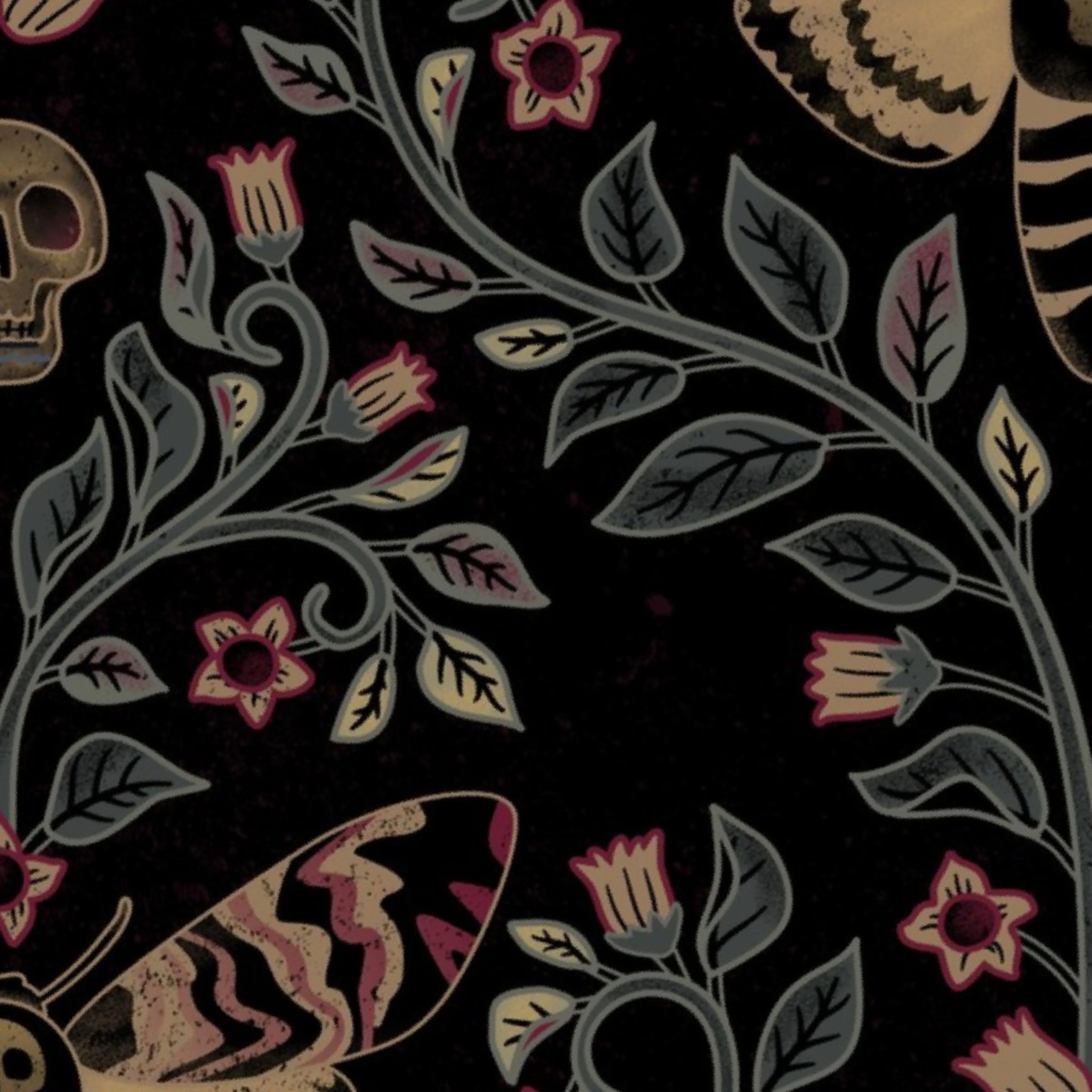 Death Head Damask, death head moth, belladonna and skulls, black, large Wallpaper by lu_repeating