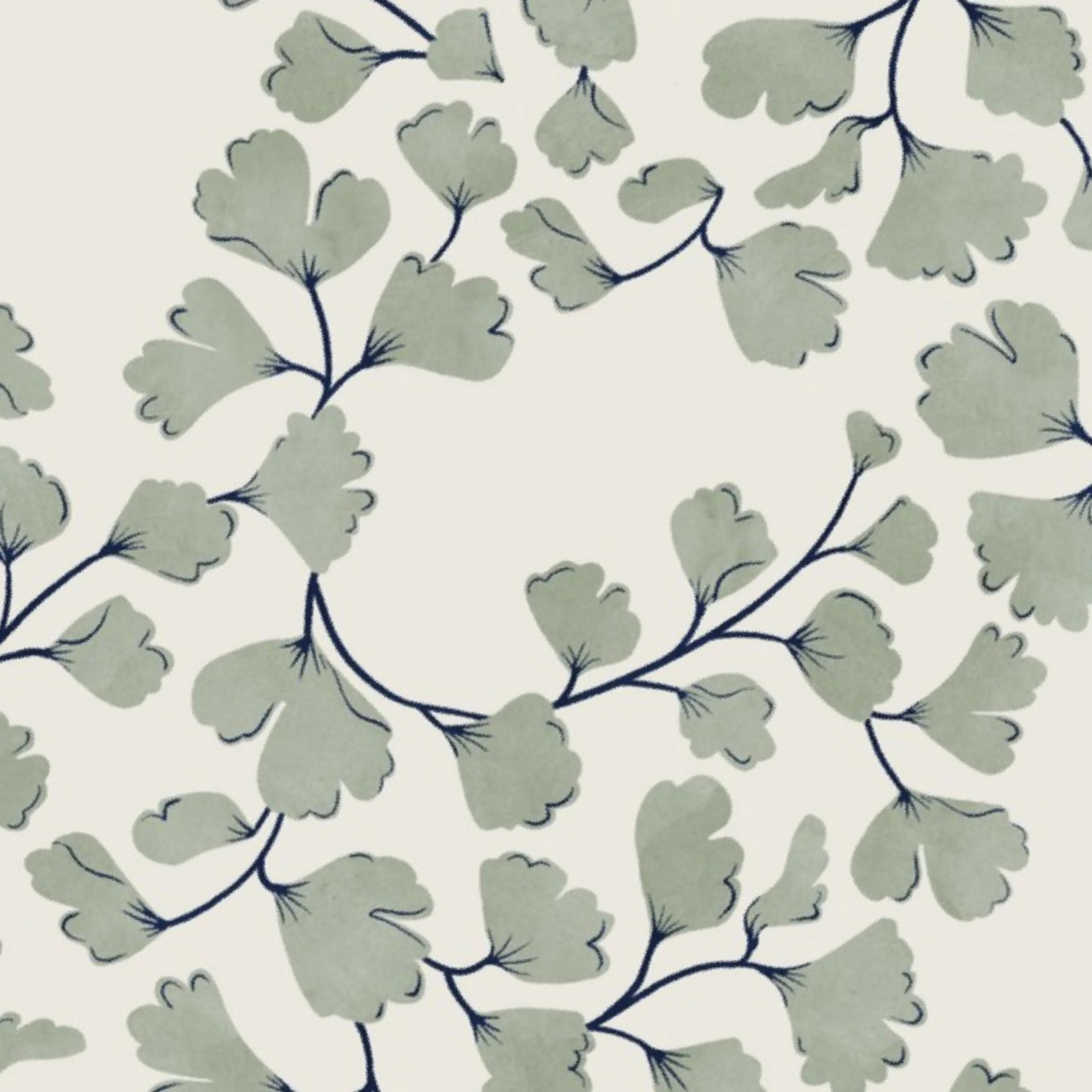 Wallpaper in Maidenhair Fern Pale Green on Antique White with Navy Calm by the_painted_pattern