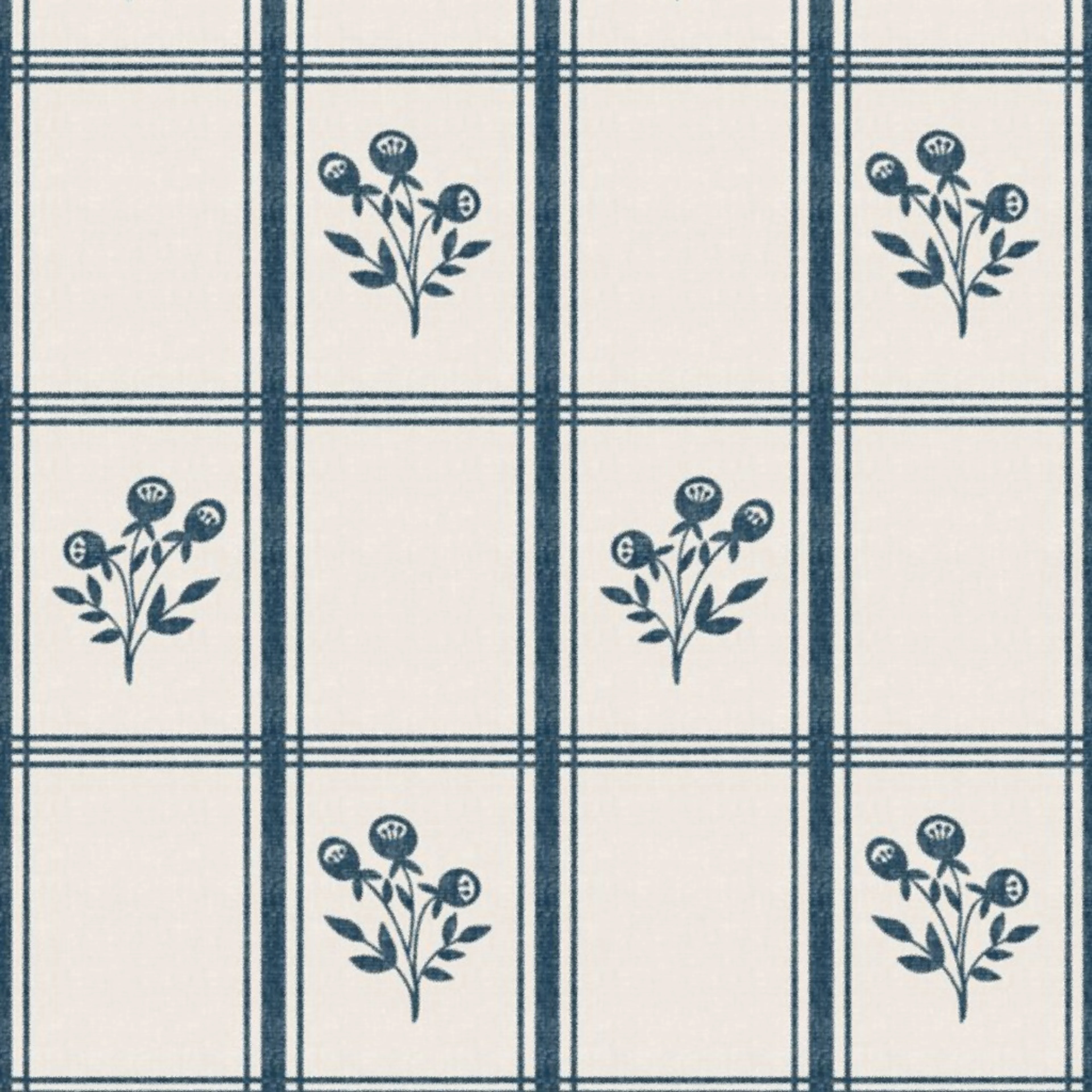 French Kitchen Plaid, Floral - Blue Wallpaper by fernlesliestudio