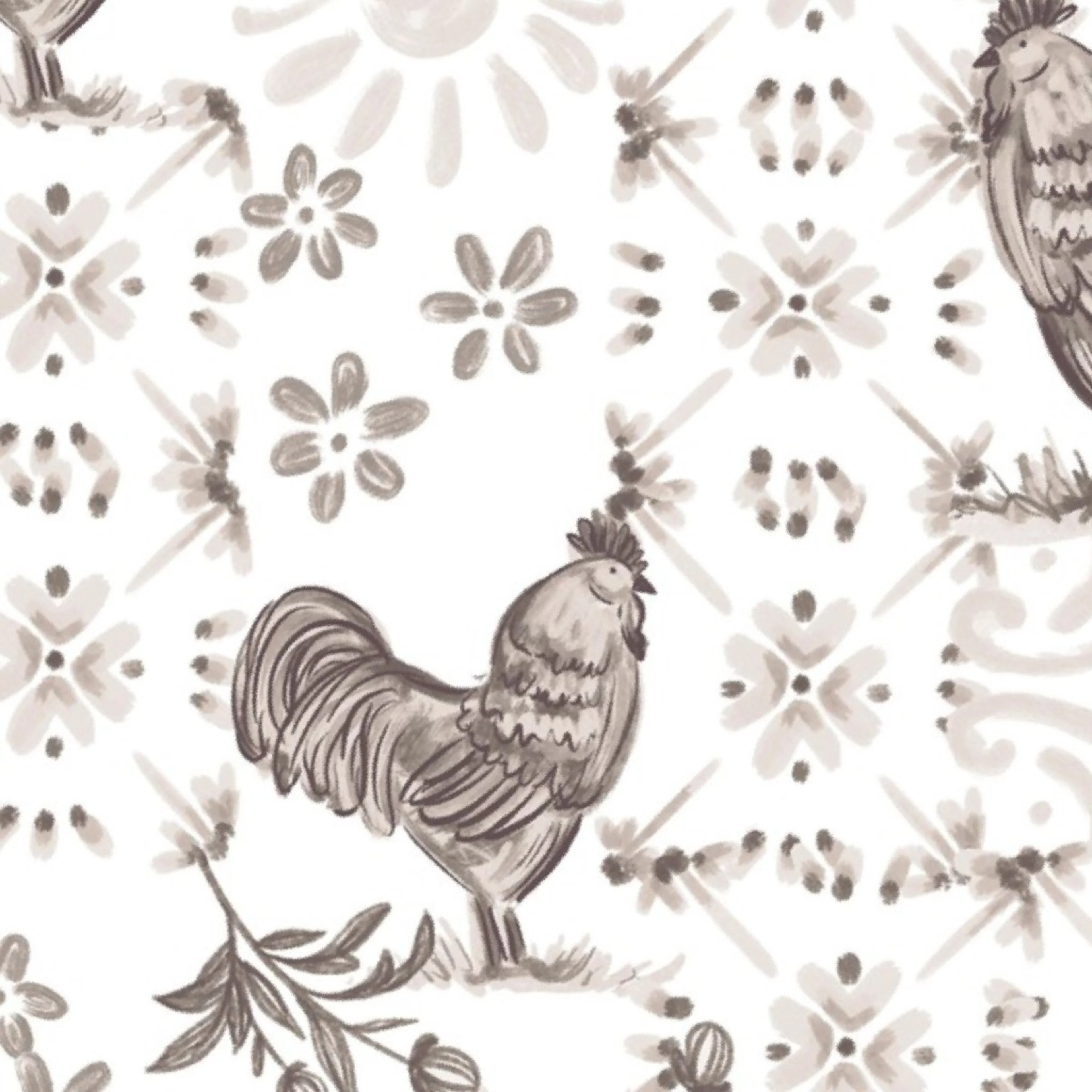French country farm yard Rooster with french tiles & ornate florals in monochrome taupe Wallpaper by bianca_stanton