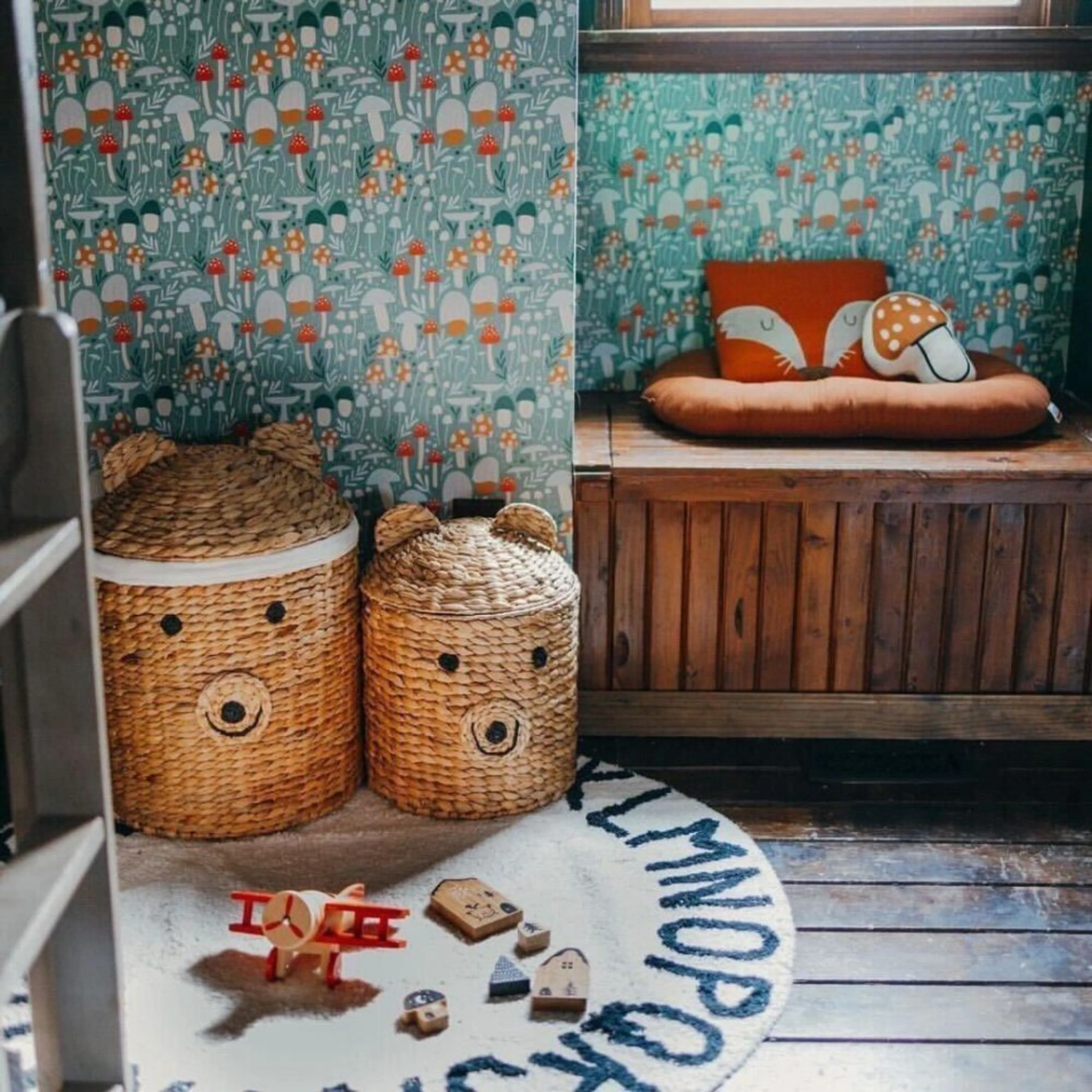 Nursery with woodland mushroom wallpaper