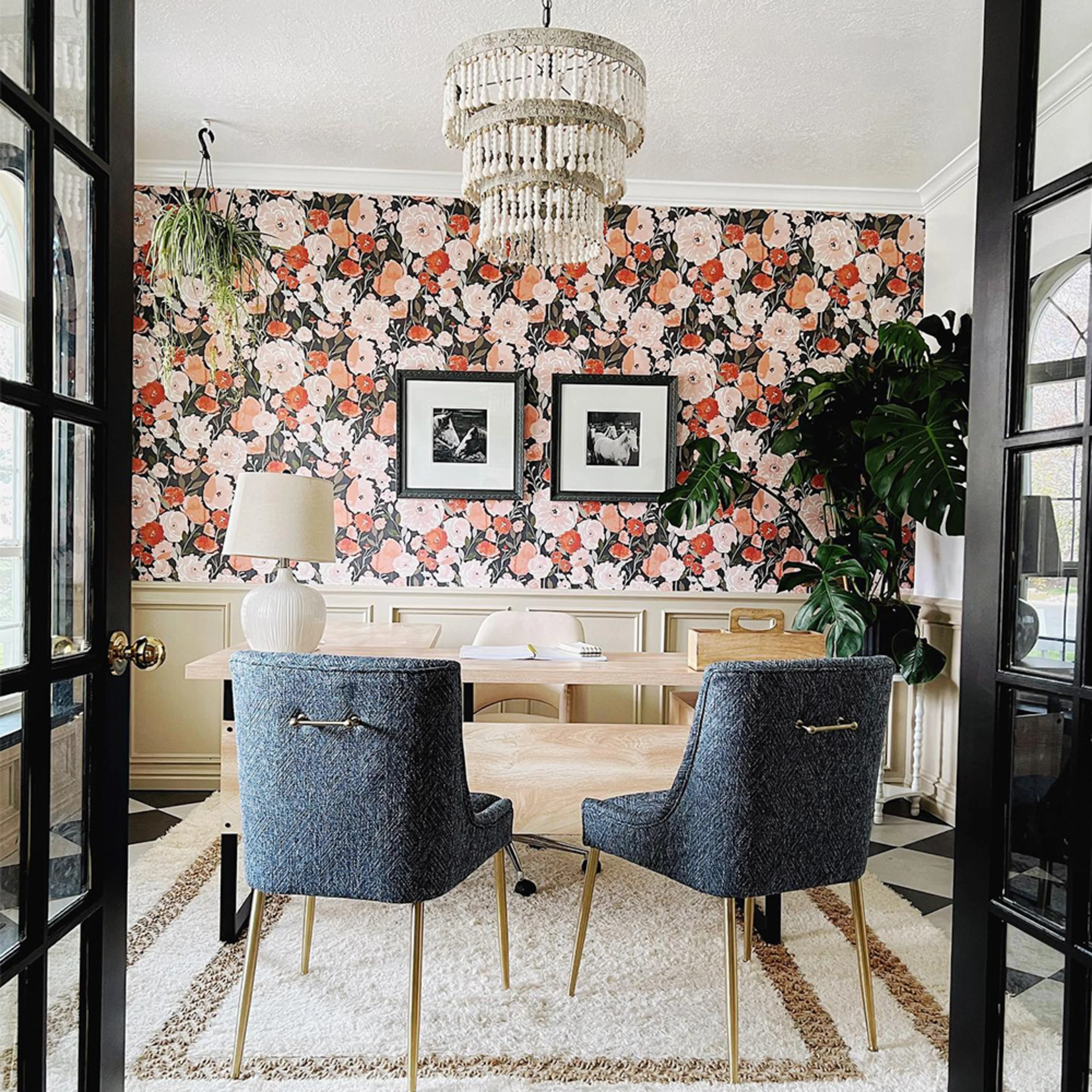 Pink floral wallpaper in an elevated home office.