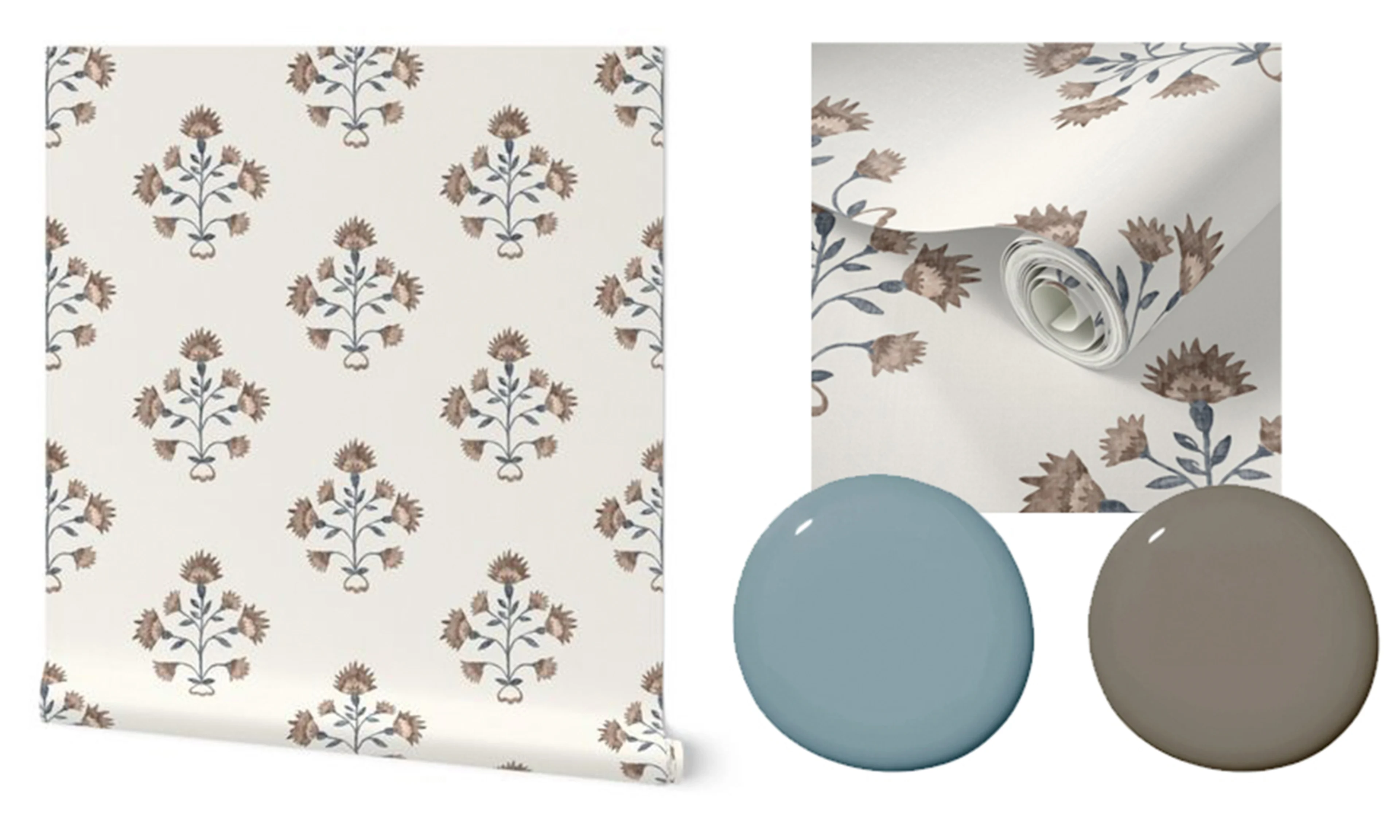 Wallpaper roll and swatches of blue and tan paint that match the wallpaper.