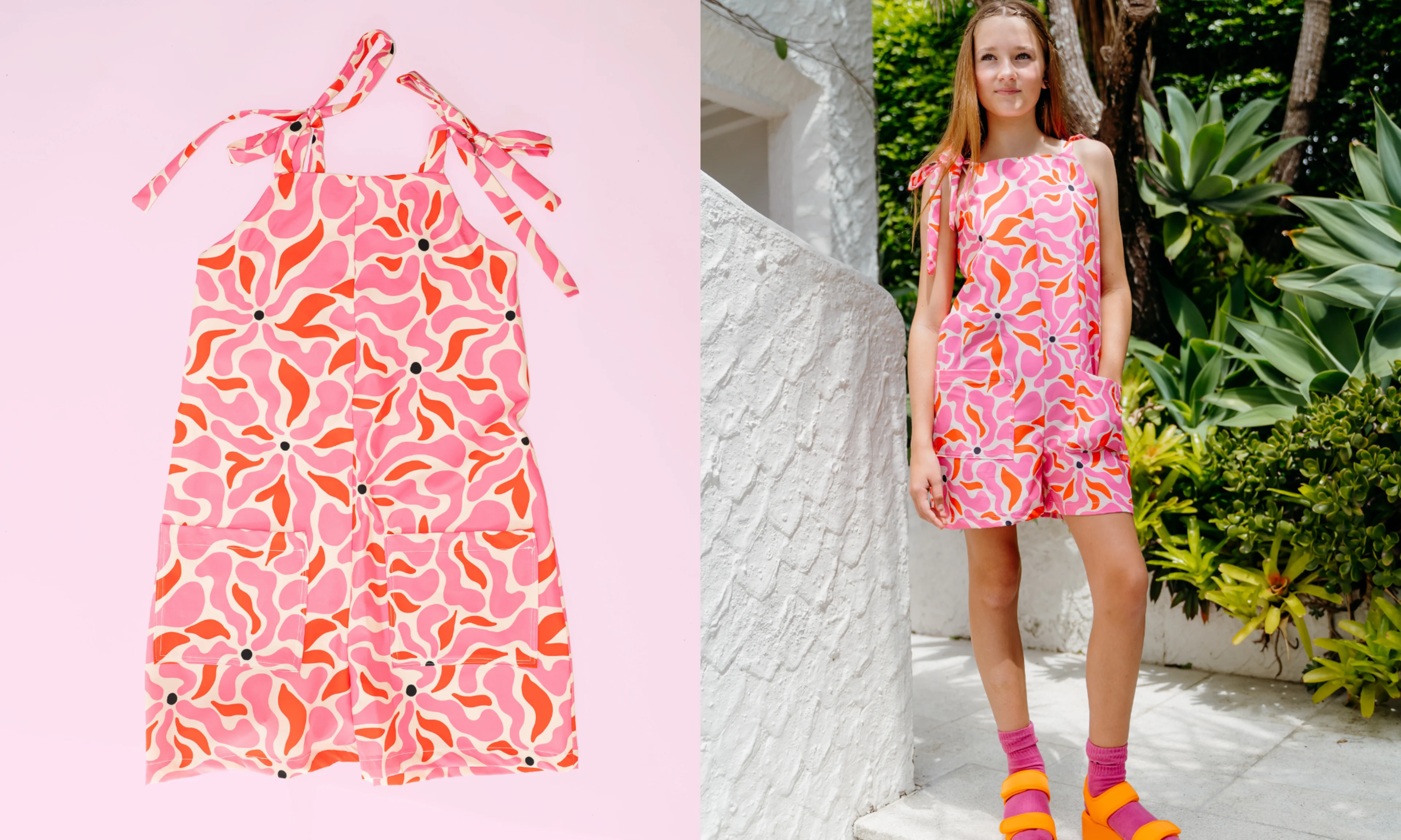 Girl wearing pink playsuit made with sport stretch woven. 