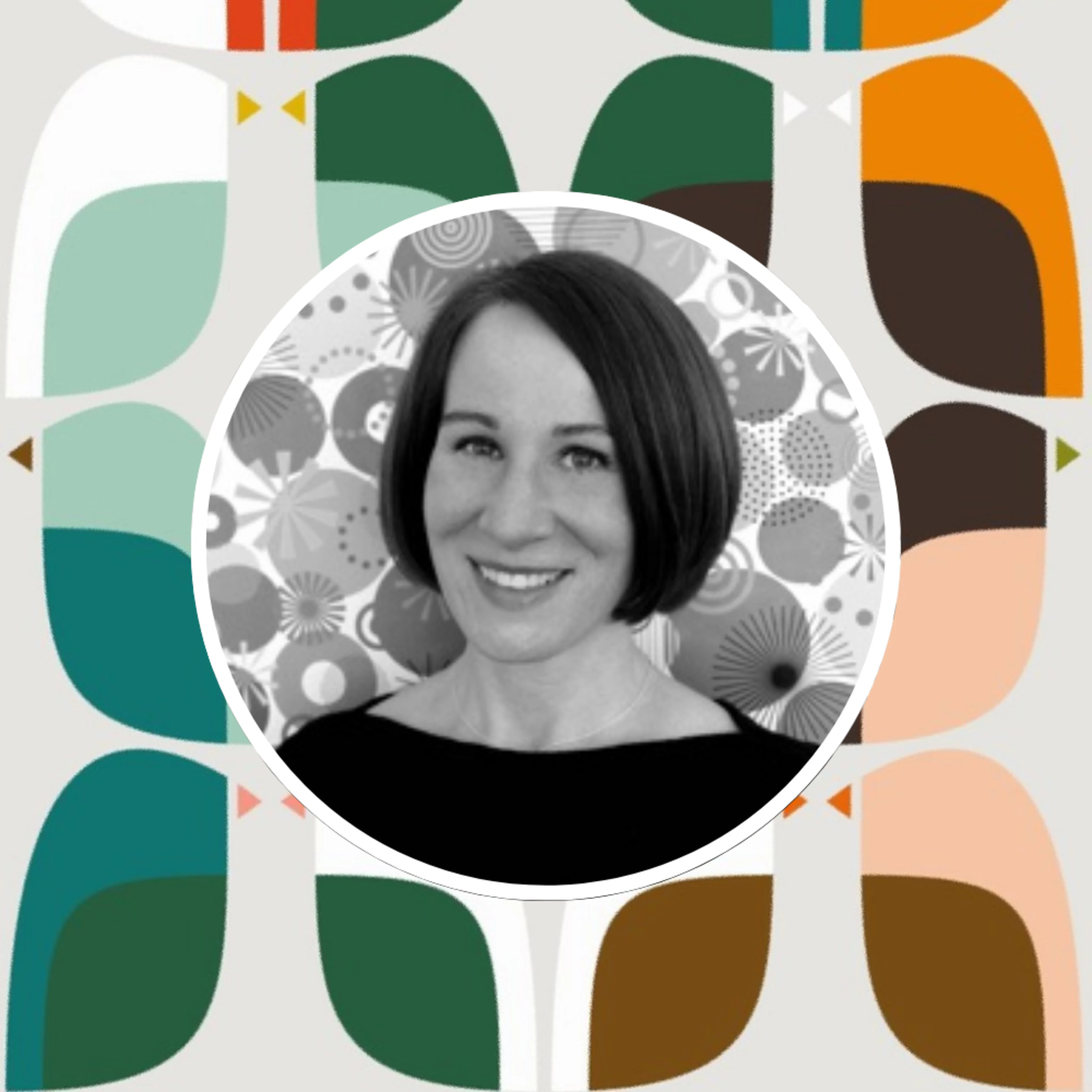 Head shot of Spoonflower artist Kate Rhees in front of one of her designs.