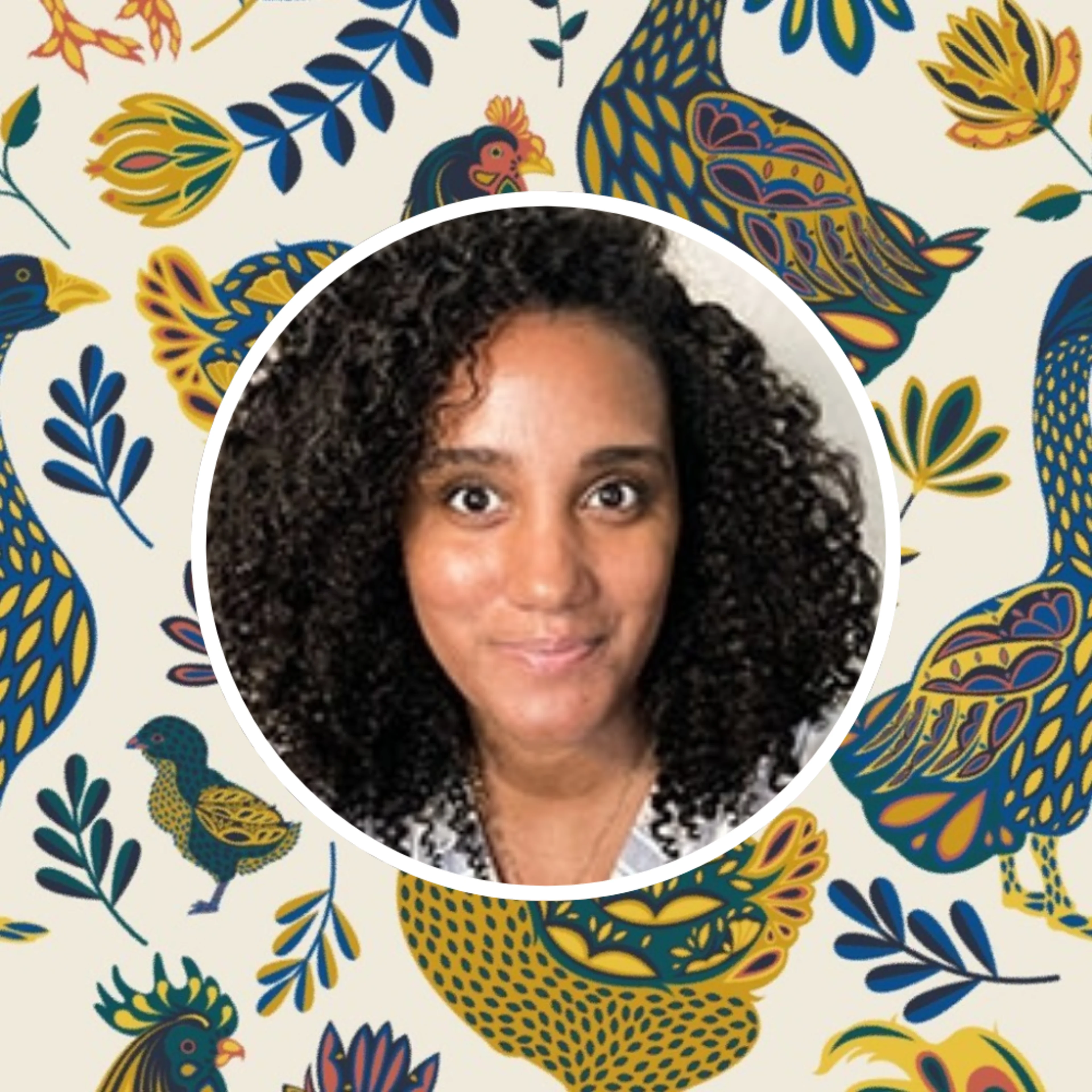 Headshot of Janine Lecour with one of her prints in the background.